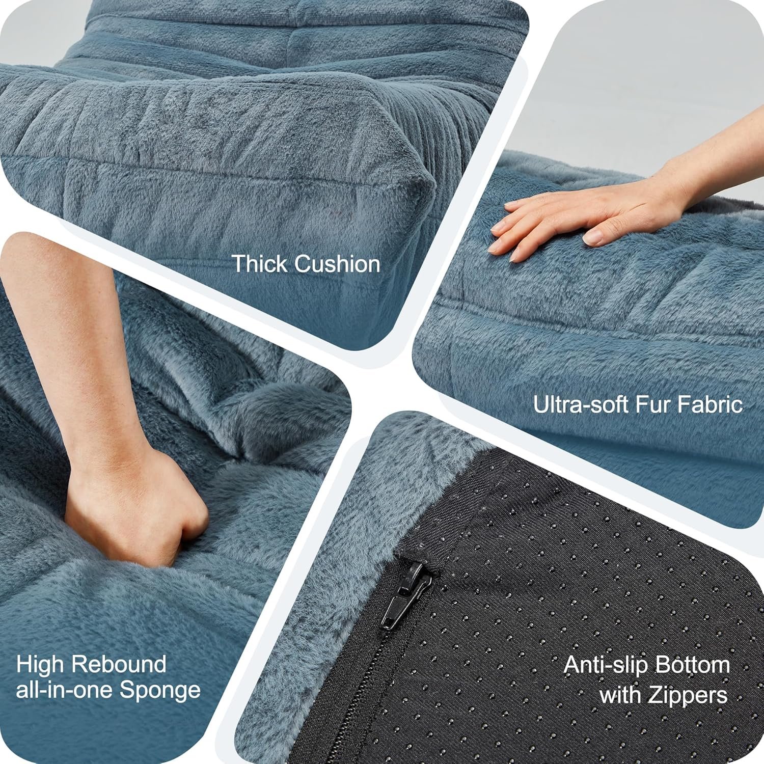 巨型记忆泡沫豆袋椅 留学生宿舍瘫坐解压懒人沙发 蓝灰绒毛填充单人 公寓卧室私人放松堡垒