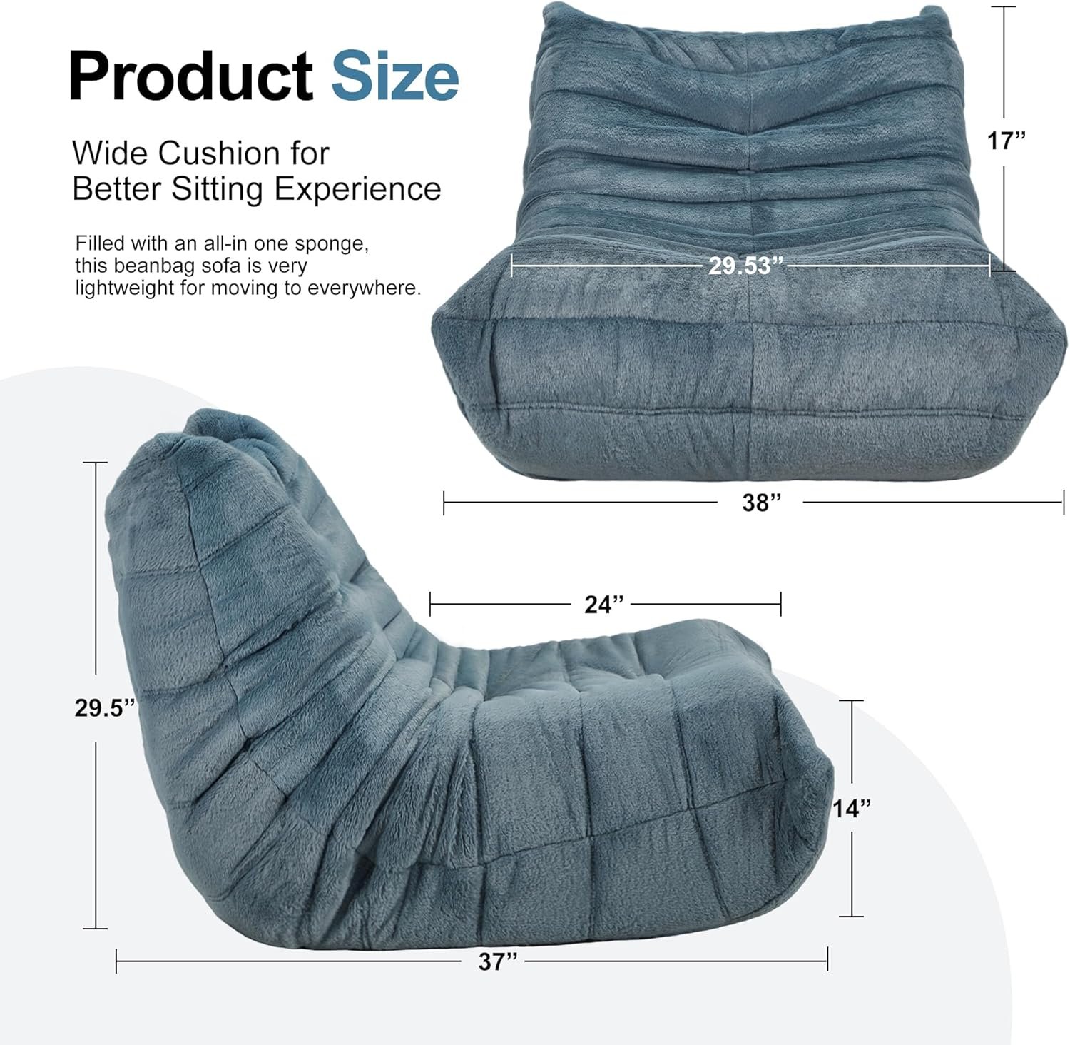 巨型记忆泡沫豆袋椅 留学生宿舍瘫坐解压懒人沙发 蓝灰绒毛填充单人 公寓卧室私人放松堡垒