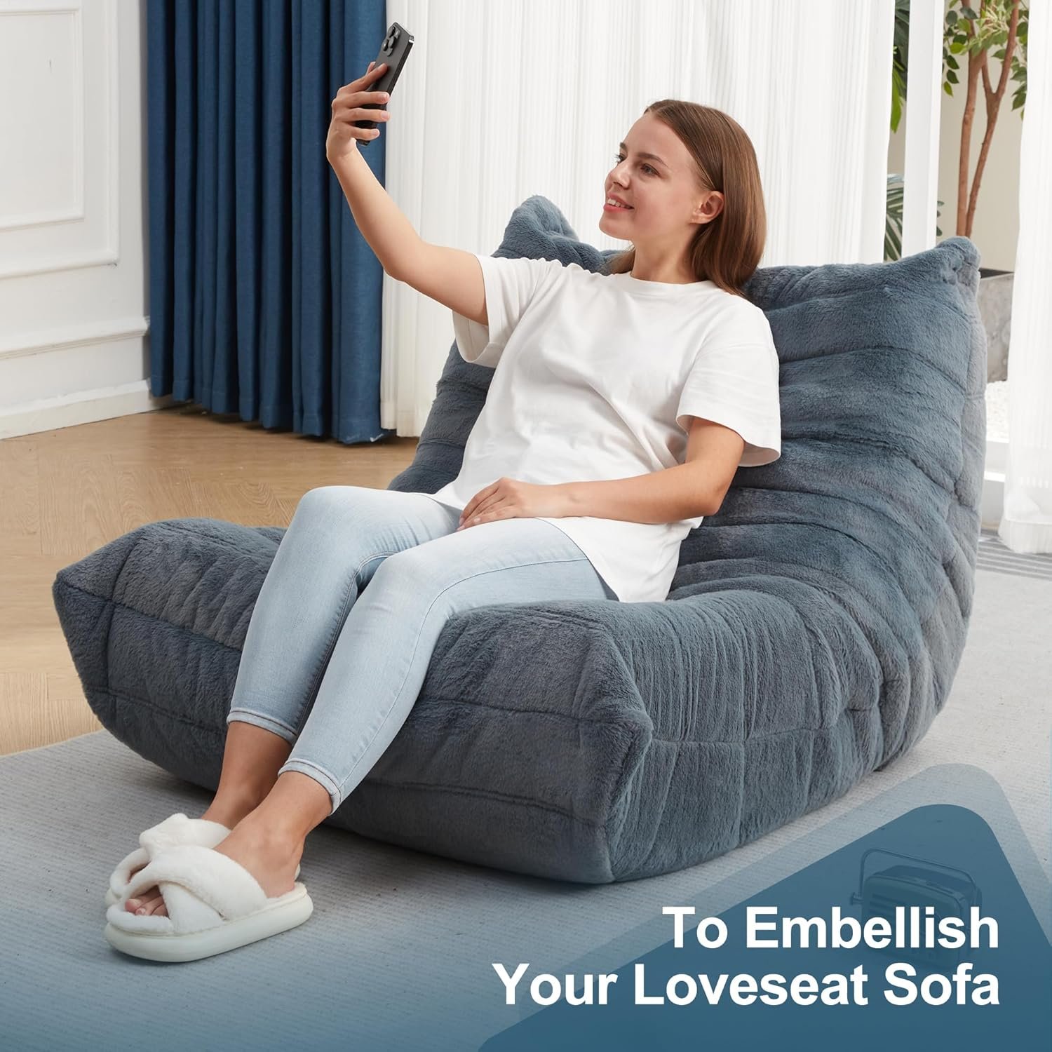 巨型记忆泡沫豆袋椅 留学生宿舍瘫坐解压懒人沙发 蓝灰绒毛填充单人 公寓卧室私人放松堡垒