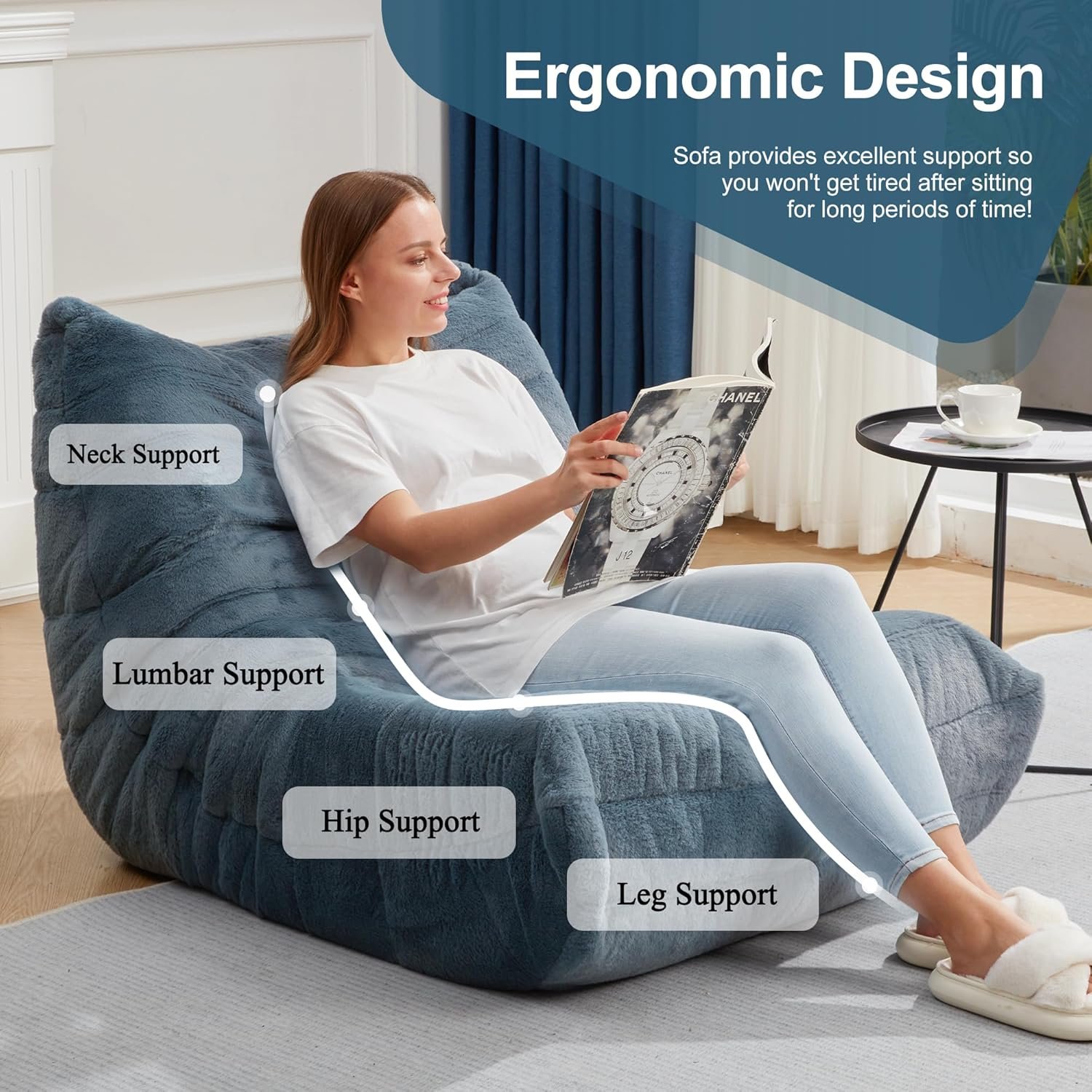 巨型记忆泡沫豆袋椅 留学生宿舍瘫坐解压懒人沙发 蓝灰绒毛填充单人 公寓卧室私人放松堡垒