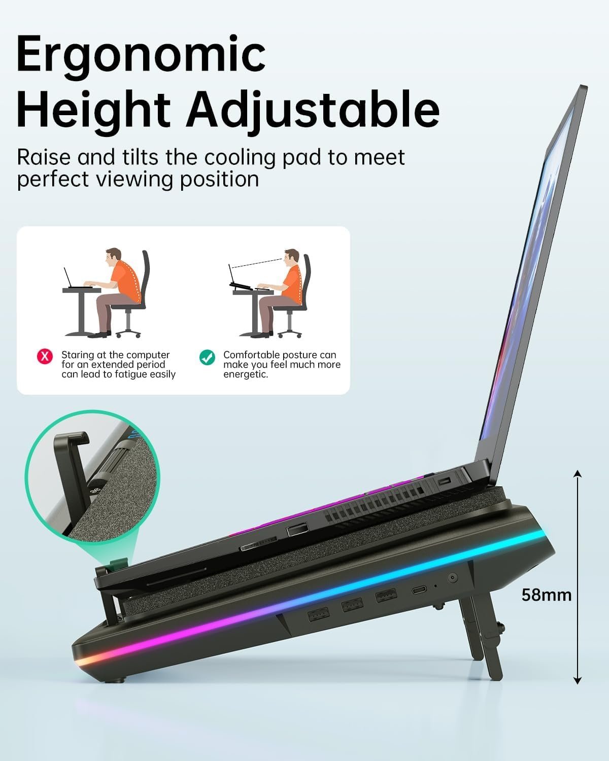 RGB笔记本散热器 留学生宿舍深夜游戏不卡顿 5.5英寸涡轮大风扇 15.6-19寸可调速防尘三USB黑