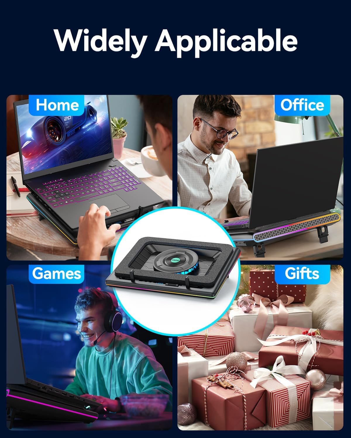 RGB笔记本散热器 留学生宿舍深夜游戏不卡顿 5.5英寸涡轮大风扇 15.6-19寸可调速防尘三USB黑