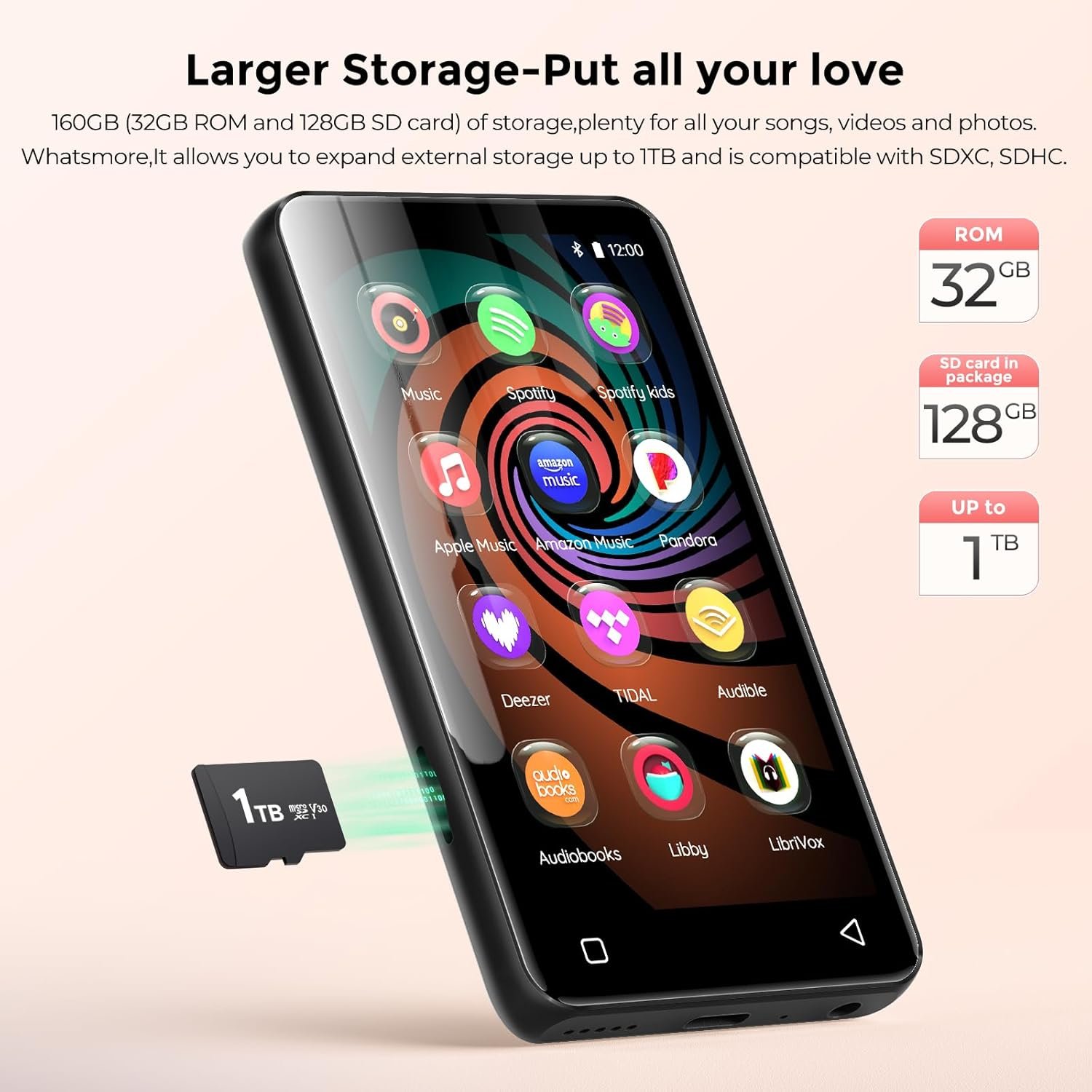 160GB蓝牙WiFi音乐播放器 4英寸触屏Android多媒体播放器 - 留学生宿舍深夜独处听家乡旋律缓解孤独（黑）