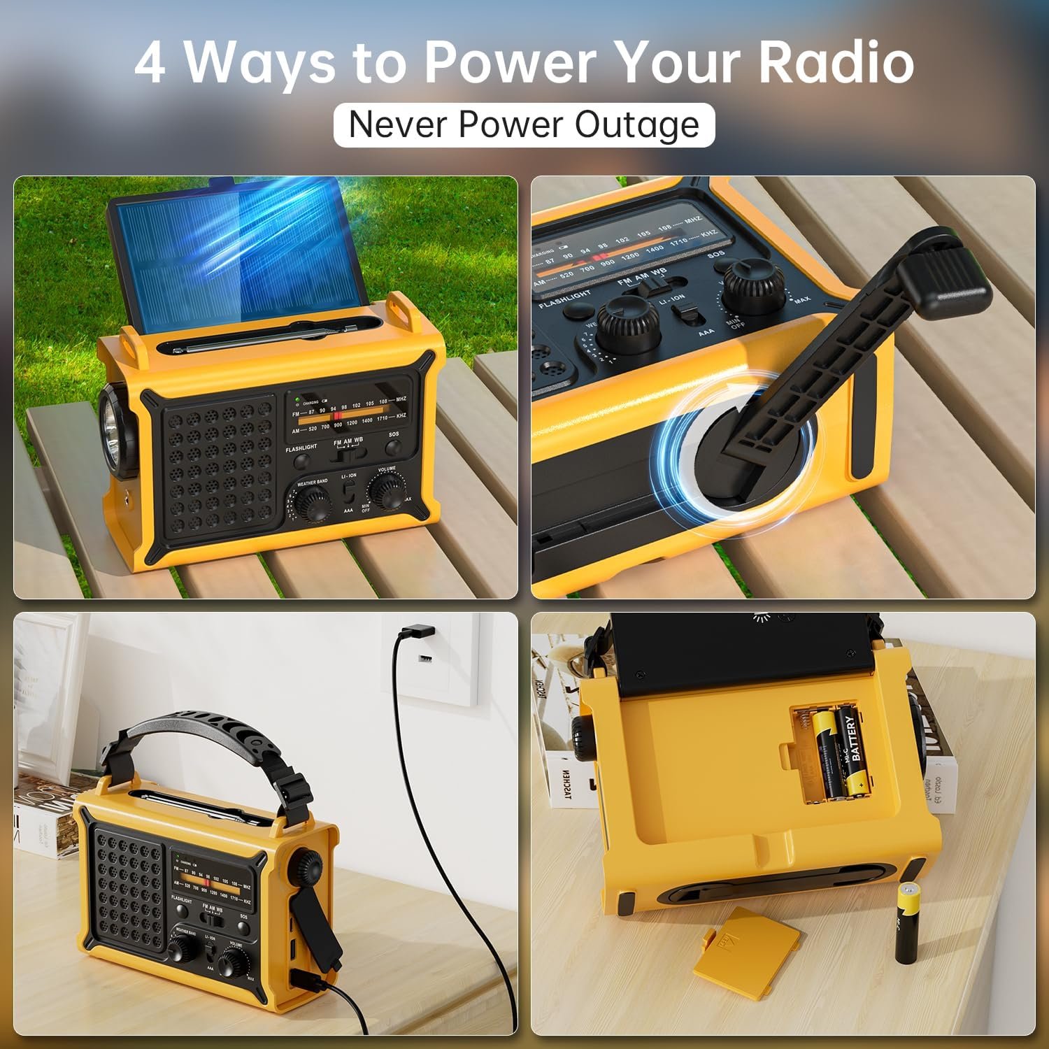 12000mAh/44400mWh AM/FM紧急便携收音机 太阳能手摇充电手电筒SOS警报灯 留学生海外暴雨停电手摇听天气保通信