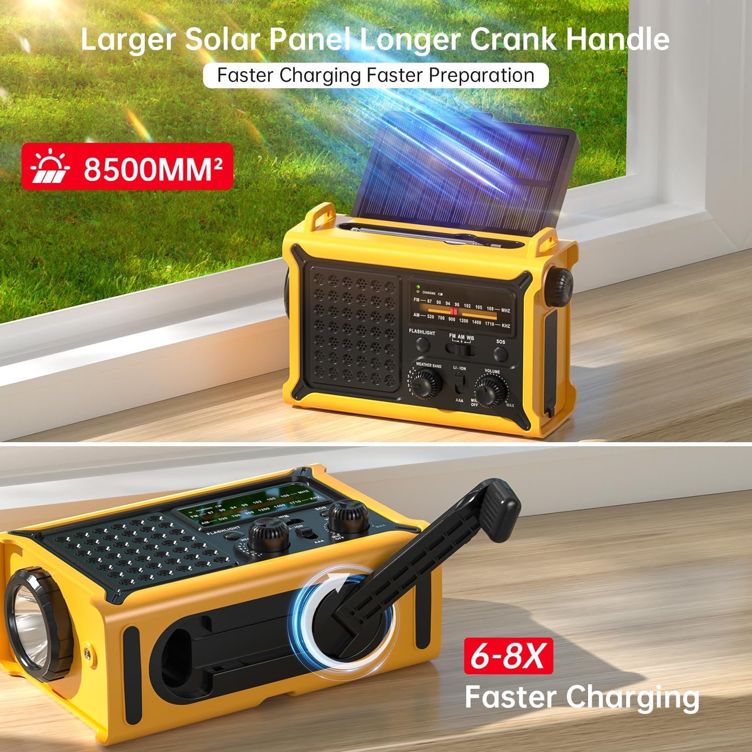 12000mAh/44400mWh AM/FM紧急便携收音机 太阳能手摇充电手电筒SOS警报灯 留学生海外暴雨停电手摇听天气保通信