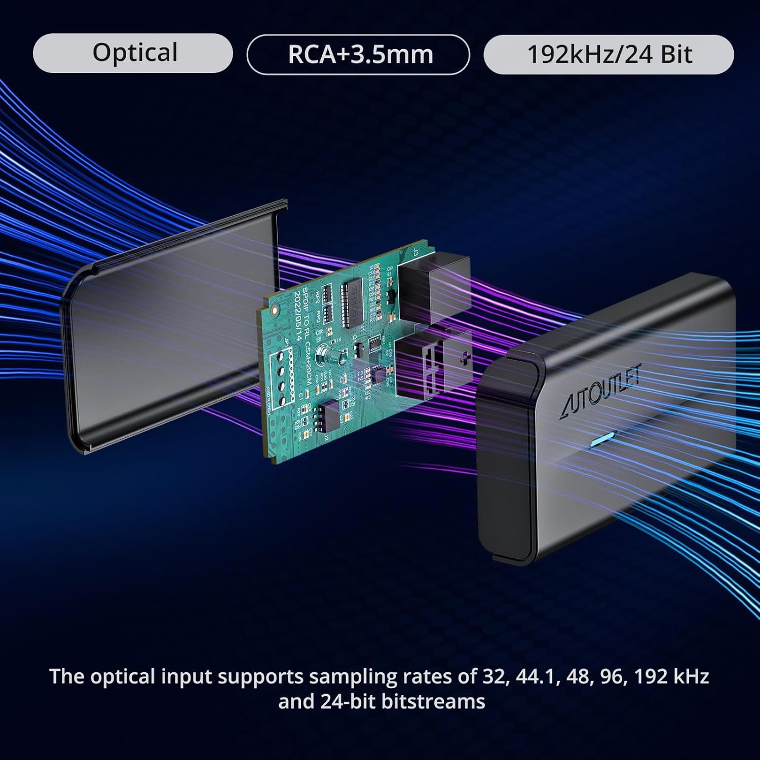 192kHz DAC数字转模拟音频转换器 SPDIF光纤转RCA+3.5mm适配器 24Bit高保真 - 留学生宿舍周末追家乡剧集升级沉浸音效瞬间