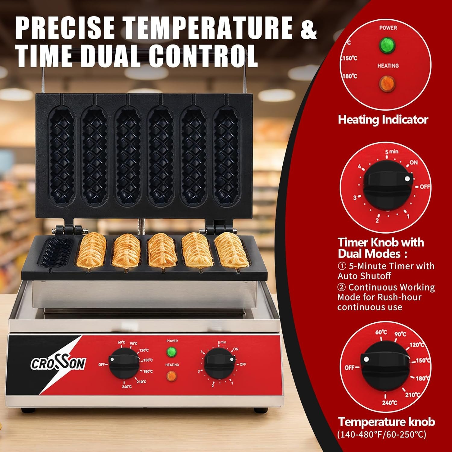 6格非粘玉米热狗华夫饼棒机 留学生宿舍5分钟速做街头小吃分享室友 140-480℉温控定时 120V/1600W