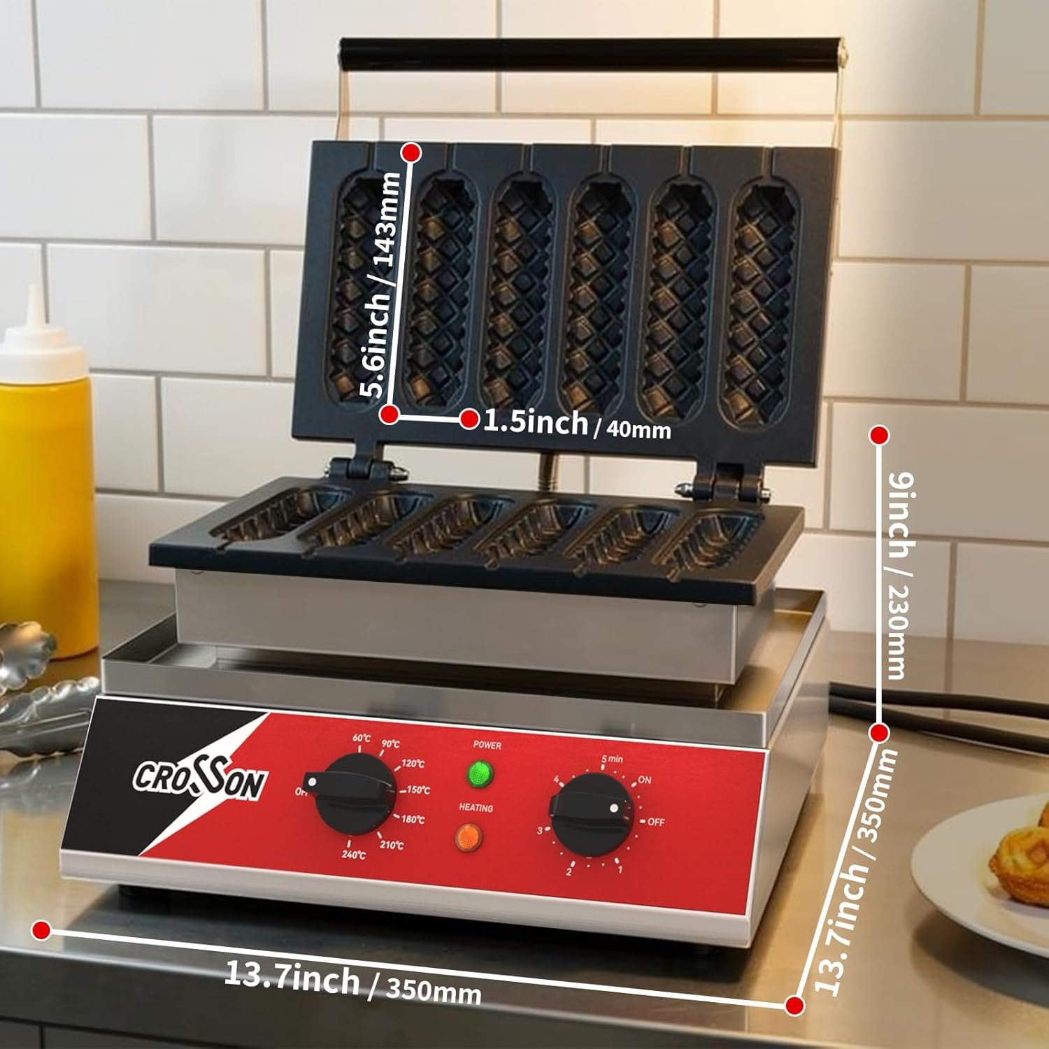 6格非粘玉米热狗华夫饼棒机 留学生宿舍5分钟速做街头小吃分享室友 140-480℉温控定时 120V/1600W