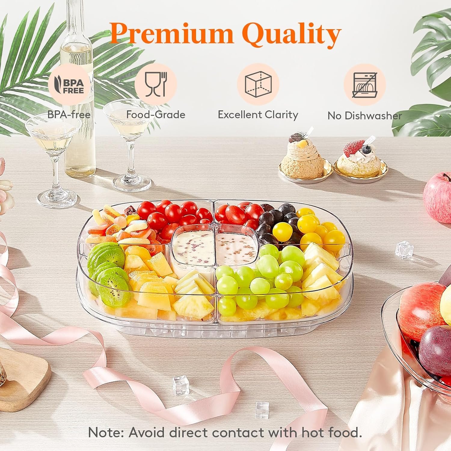 留学生宿舍派对冰镇侍应托盘 15英寸分隔蔬果沙拉虾仁盘带盖 塑料自助分享塔可盘 缓解孤独小聚必备