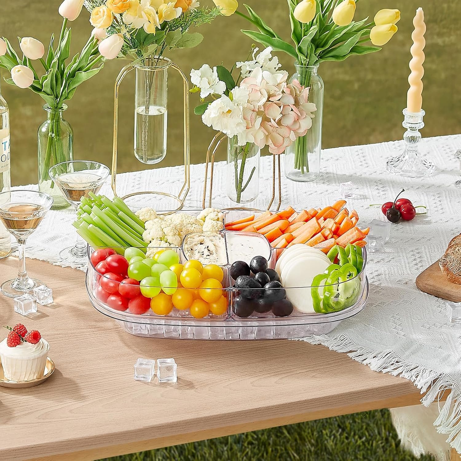 留学生宿舍派对冰镇侍应托盘 15英寸分隔蔬果沙拉虾仁盘带盖 塑料自助分享塔可盘 缓解孤独小聚必备