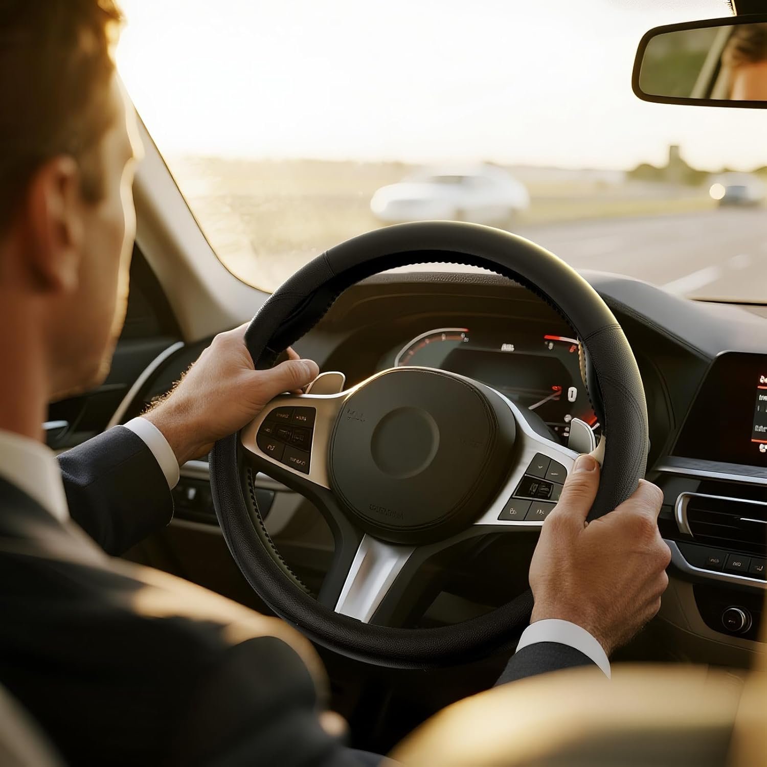 汽车方向盘皮革保护套 - 留学生异国自驾长途防滑握持稳 省心护手14.5-15英寸黑色 汽车方向盘皮革保护套 - 留学生异国自驾长途防滑握持稳 省心护手14.5-15英寸黑色