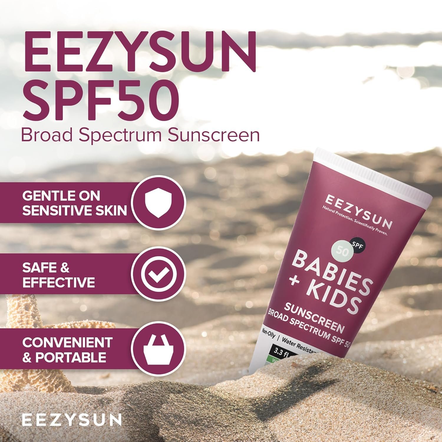 宝宝儿童SPF50矿物防晒霜 | 留学生海外海滩亲子嬉水敏感肌守护 | 含芦荟防水无残忍礁安全旅行装3.3fl oz