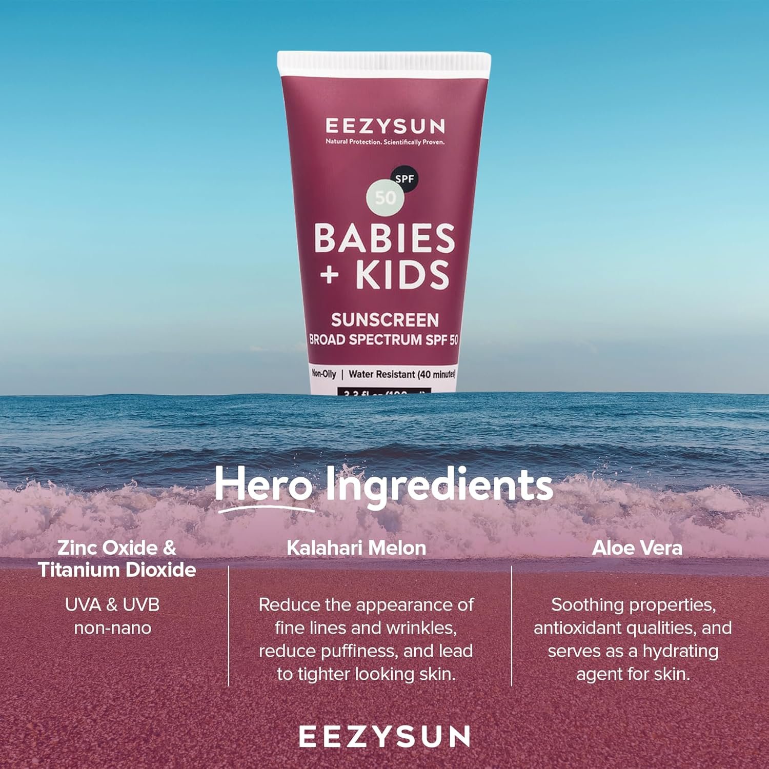 宝宝儿童SPF50矿物防晒霜 | 留学生海外海滩亲子嬉水敏感肌守护 | 含芦荟防水无残忍礁安全旅行装3.3fl oz