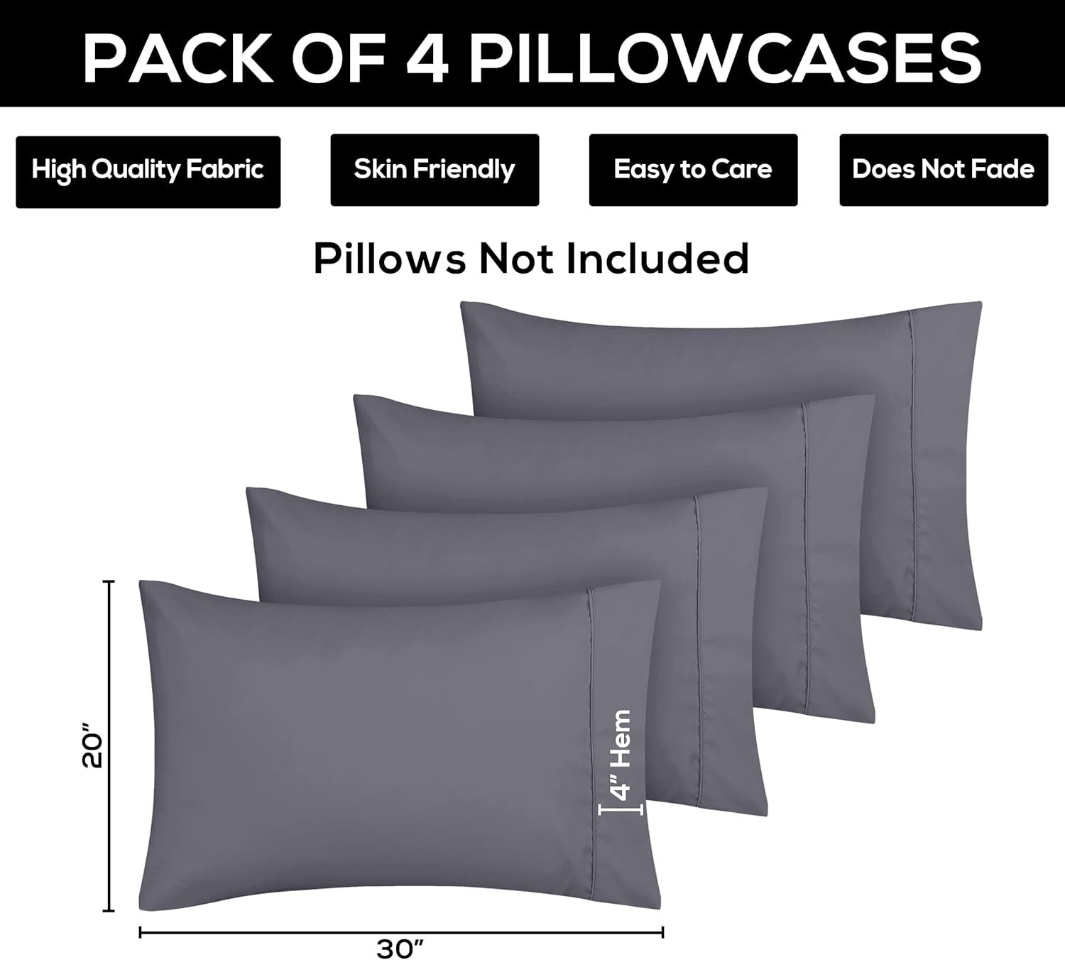 女王尺寸枕套4件装 柔软刷毛微纤维 信封闭合不收缩不褪色 20x30英寸 - 留学生宿舍异乡疲惫一晚安稳入眠(灰色) 女王尺寸枕套4件装 柔软刷毛微纤维 信封闭合不收缩不褪色 20x30英寸 - 留学生宿舍异乡疲惫一晚安稳入眠(灰色)