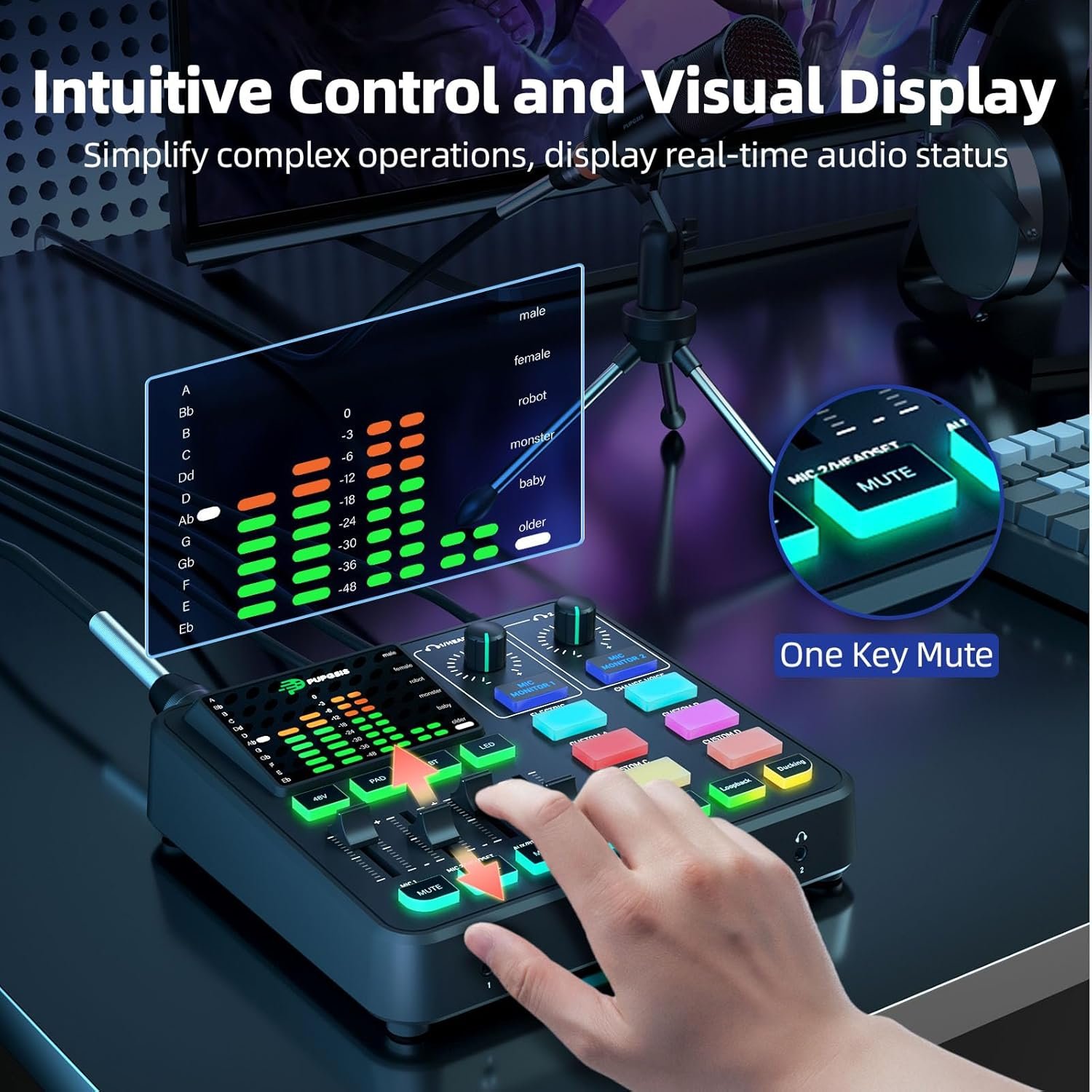 留学生宿舍游戏直播音频混音器，4通道PC播客声卡，XLR/3.5mm麦克风输入48V供电，变声DJ蓝牙效果