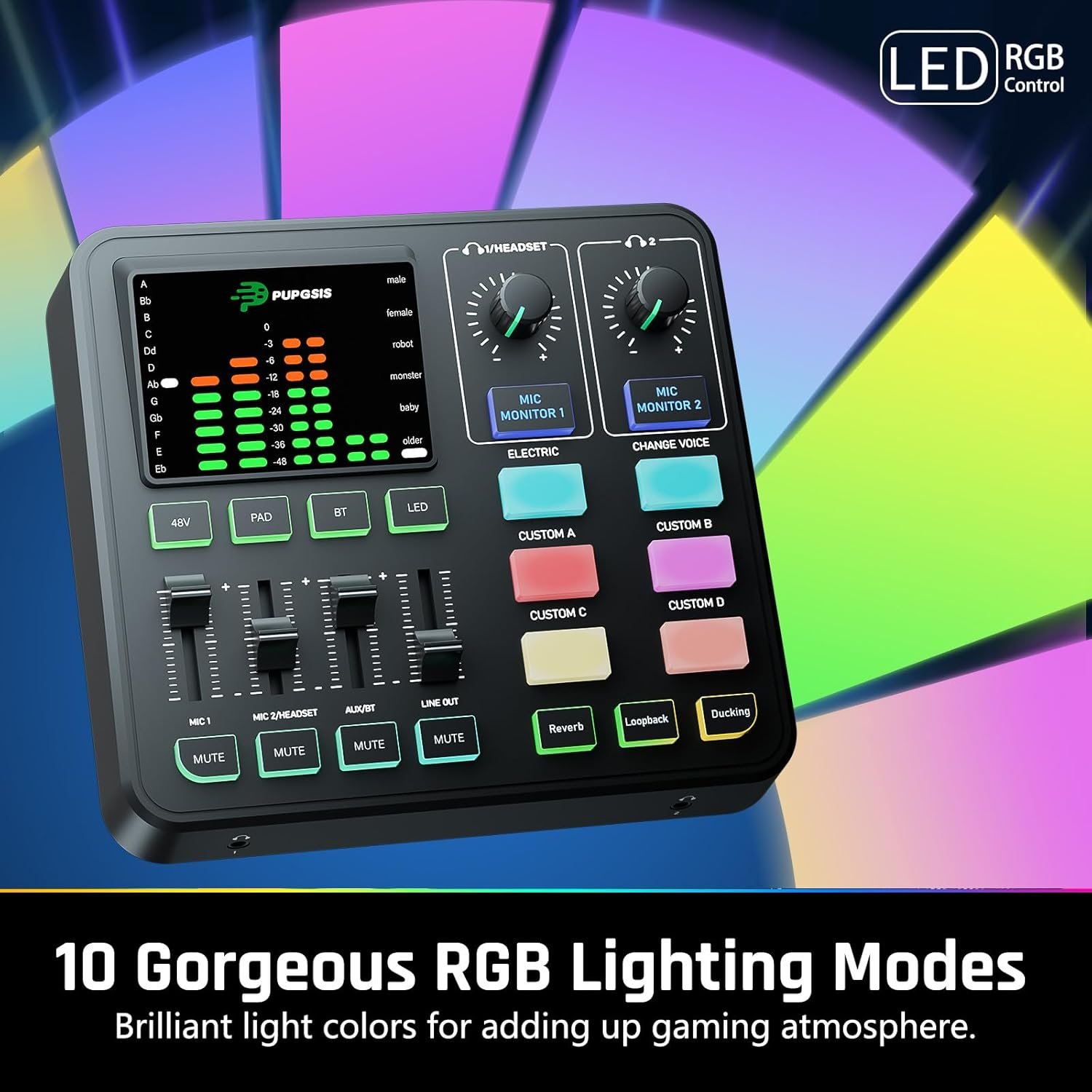 留学生宿舍游戏直播音频混音器，4通道PC播客声卡，XLR/3.5mm麦克风输入48V供电，变声DJ蓝牙效果