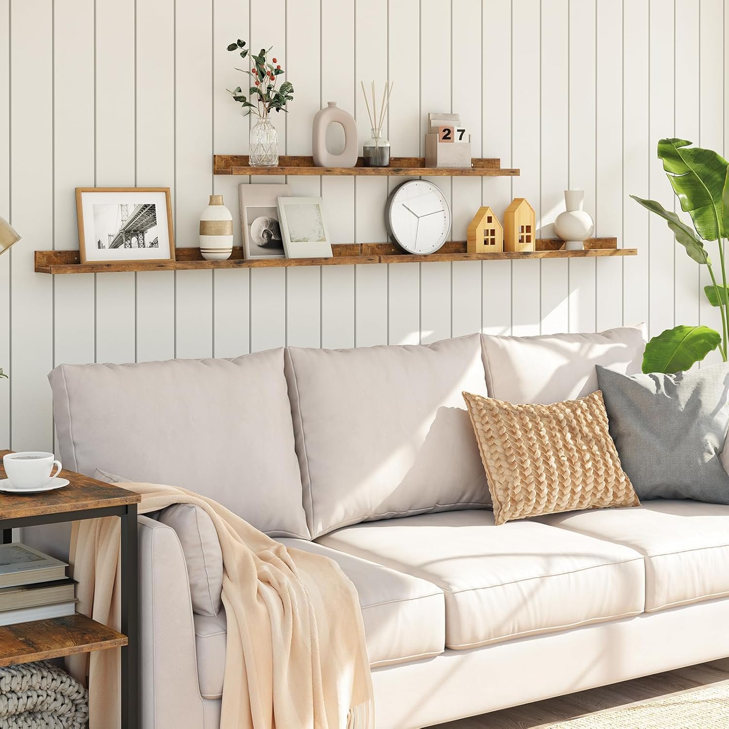 留学生宿舍墙面浮动搁板 3件套 35.4英寸 护边隐形支架 狭小空间收纳家居装饰 复古棕色