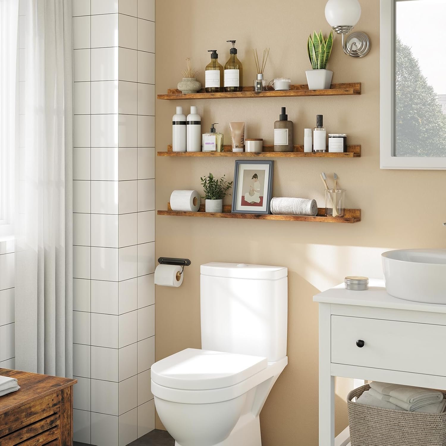 留学生宿舍墙面浮动搁板 3件套 35.4英寸 护边隐形支架 狭小空间收纳家居装饰 复古棕色