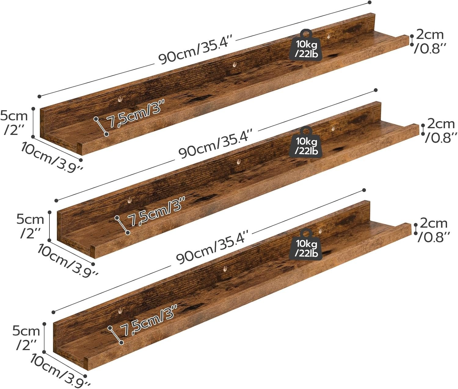 留学生宿舍墙面浮动搁板 3件套 35.4英寸 护边隐形支架 狭小空间收纳家居装饰 复古棕色