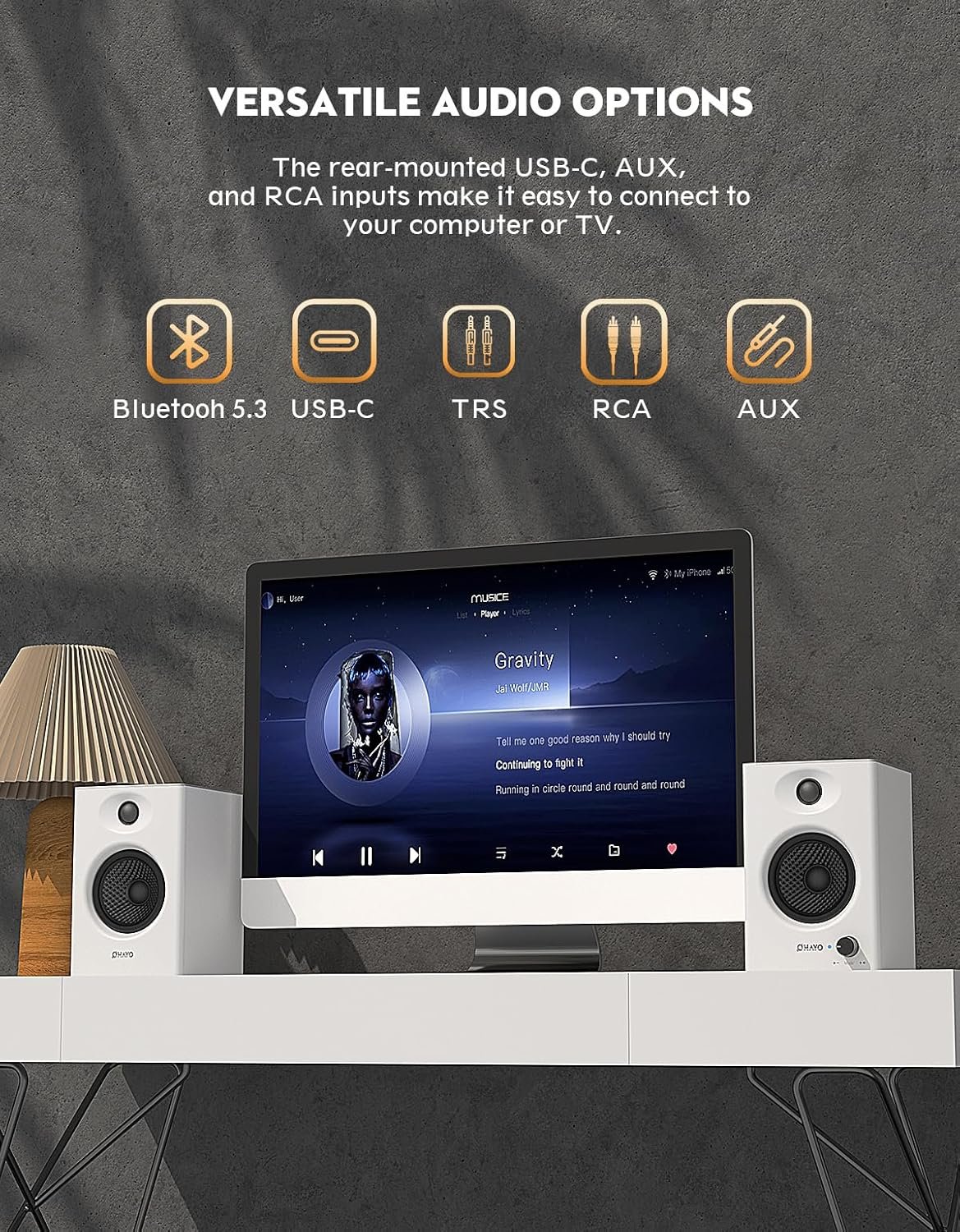 留学生宿舍游戏音乐解压神器：60W蓝牙5.3立体声电脑音箱一对，环绕沉浸桌面笔记本通用USB供电白色