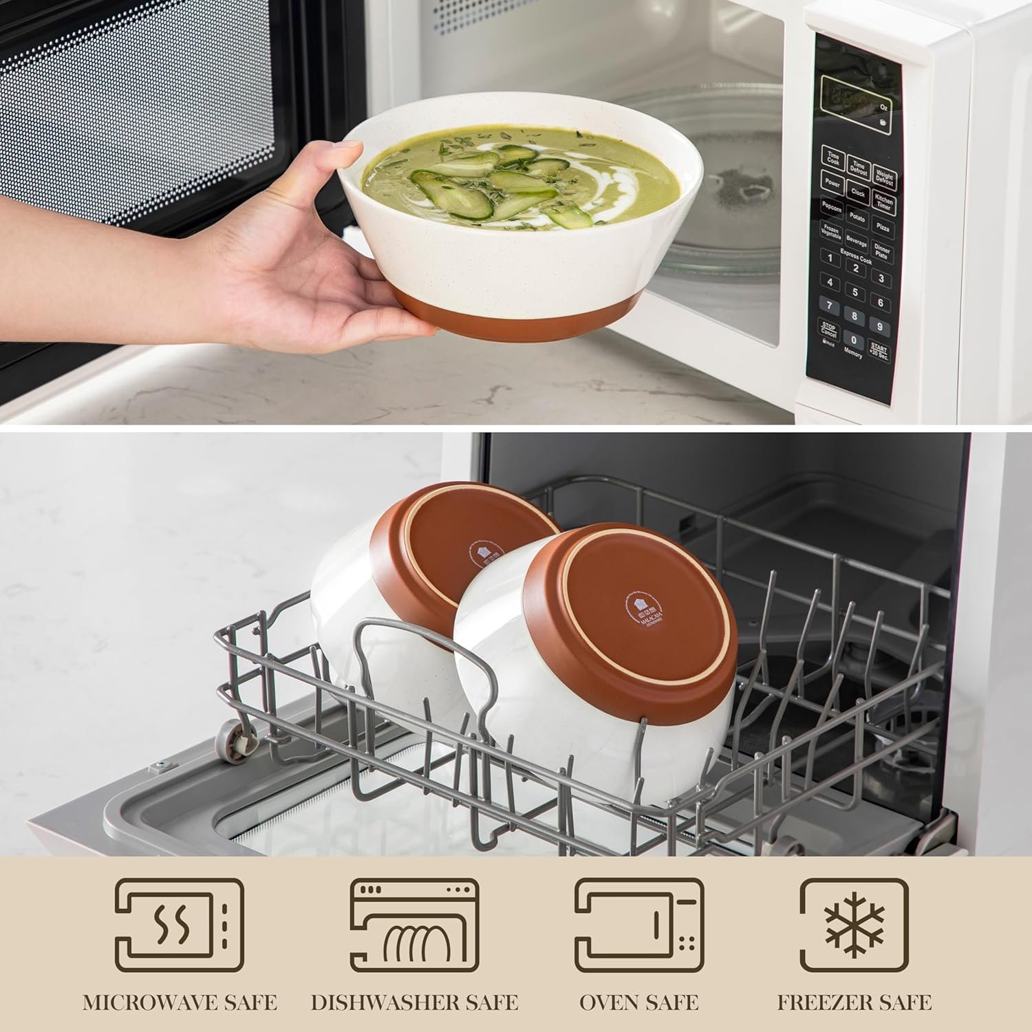 36盎司陶瓷汤碗4件套 留学生宿舍速热家乡拉面Pho碗 微波炉洗碗机安全 斑点深碗香草白棕