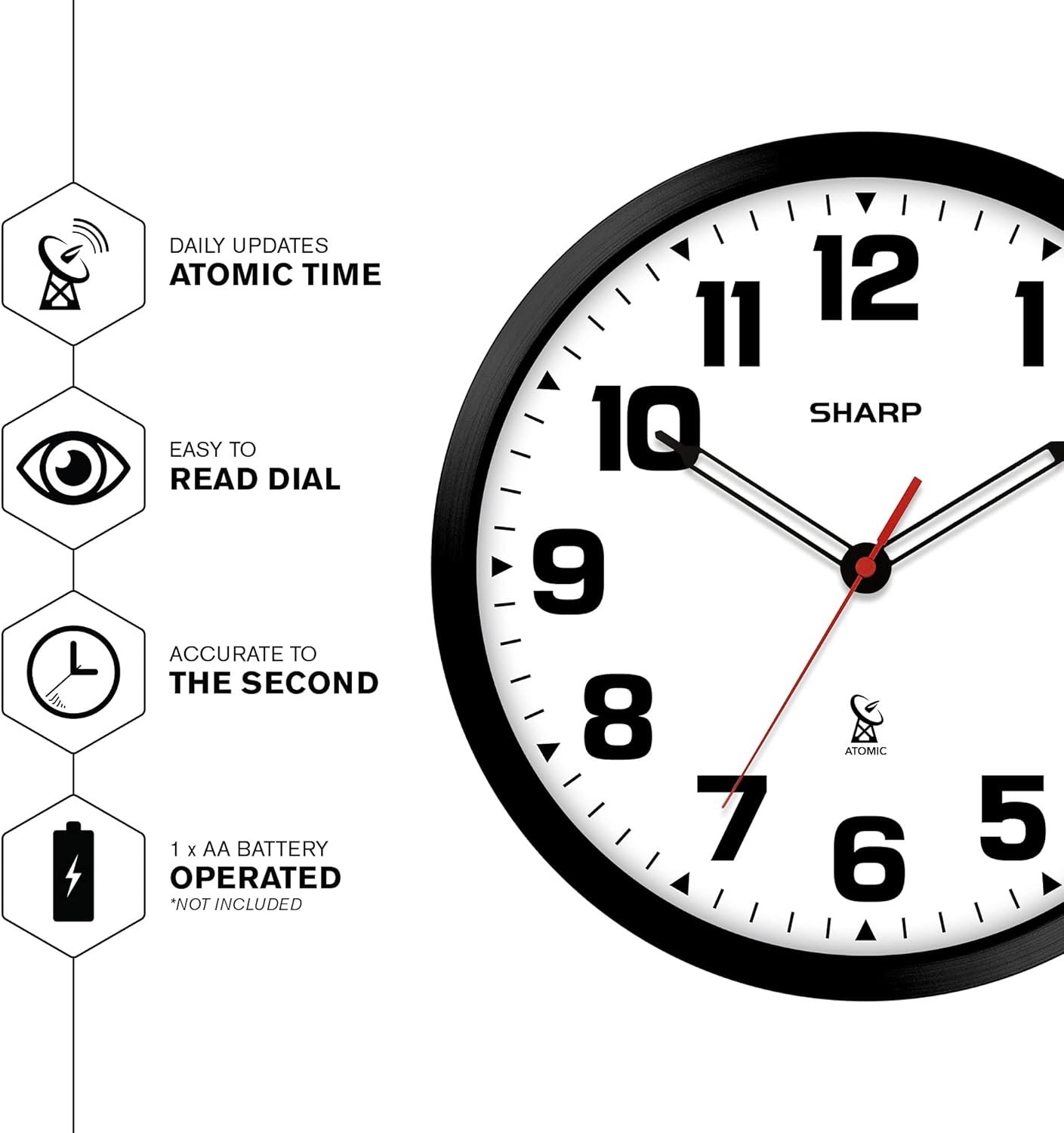 留学生宿舍自动同步本地时间 12英寸原子模拟壁钟 黑色时尚边框 电池易读现代设计