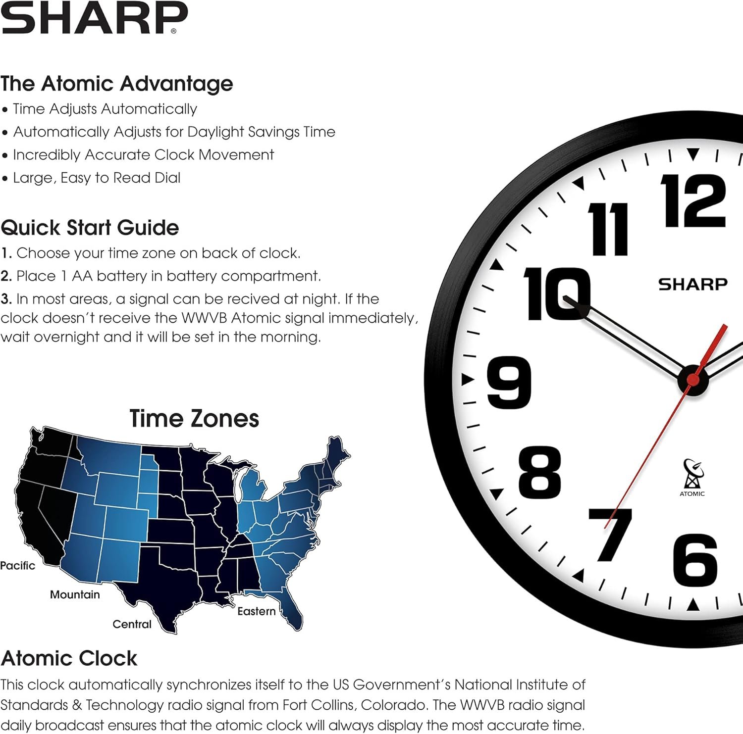 留学生宿舍自动同步本地时间 12英寸原子模拟壁钟 黑色时尚边框 电池易读现代设计