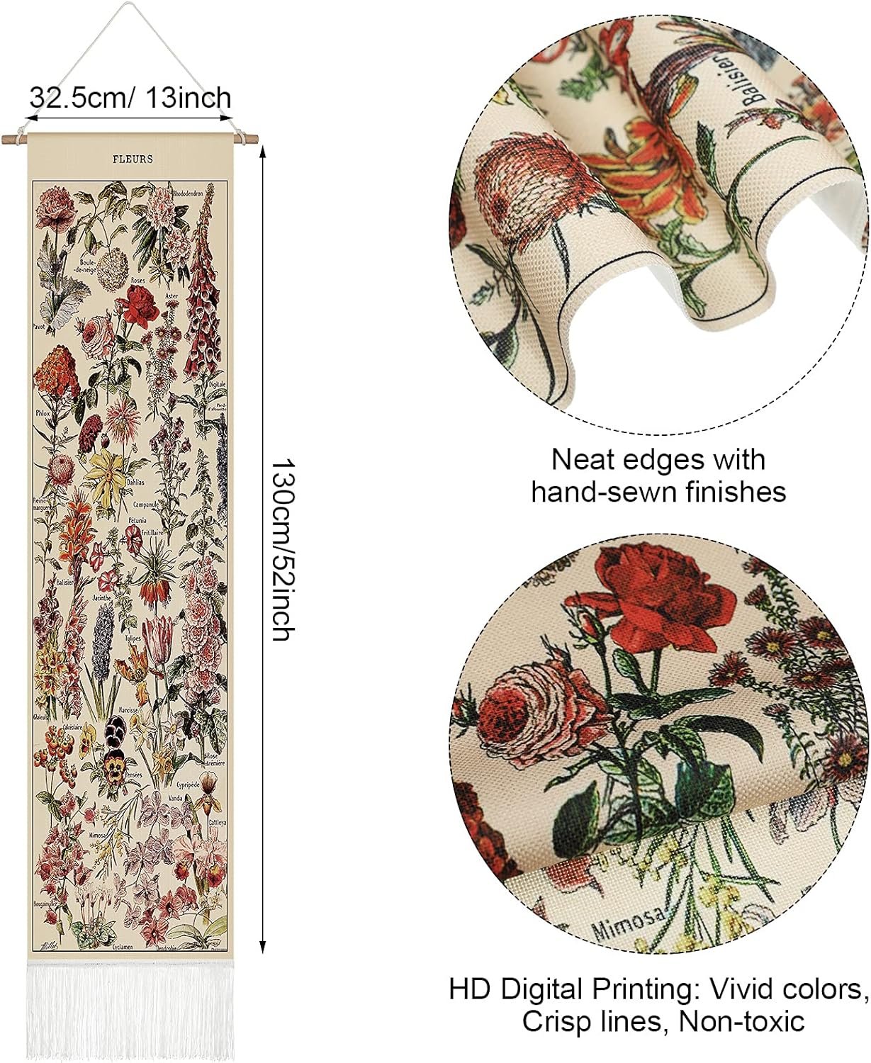 52x13英寸复古花卉流苏垂直墙挂毯 留学生宿舍一挂即现植物花园墙饰 温暖狭小空间思乡瞬间