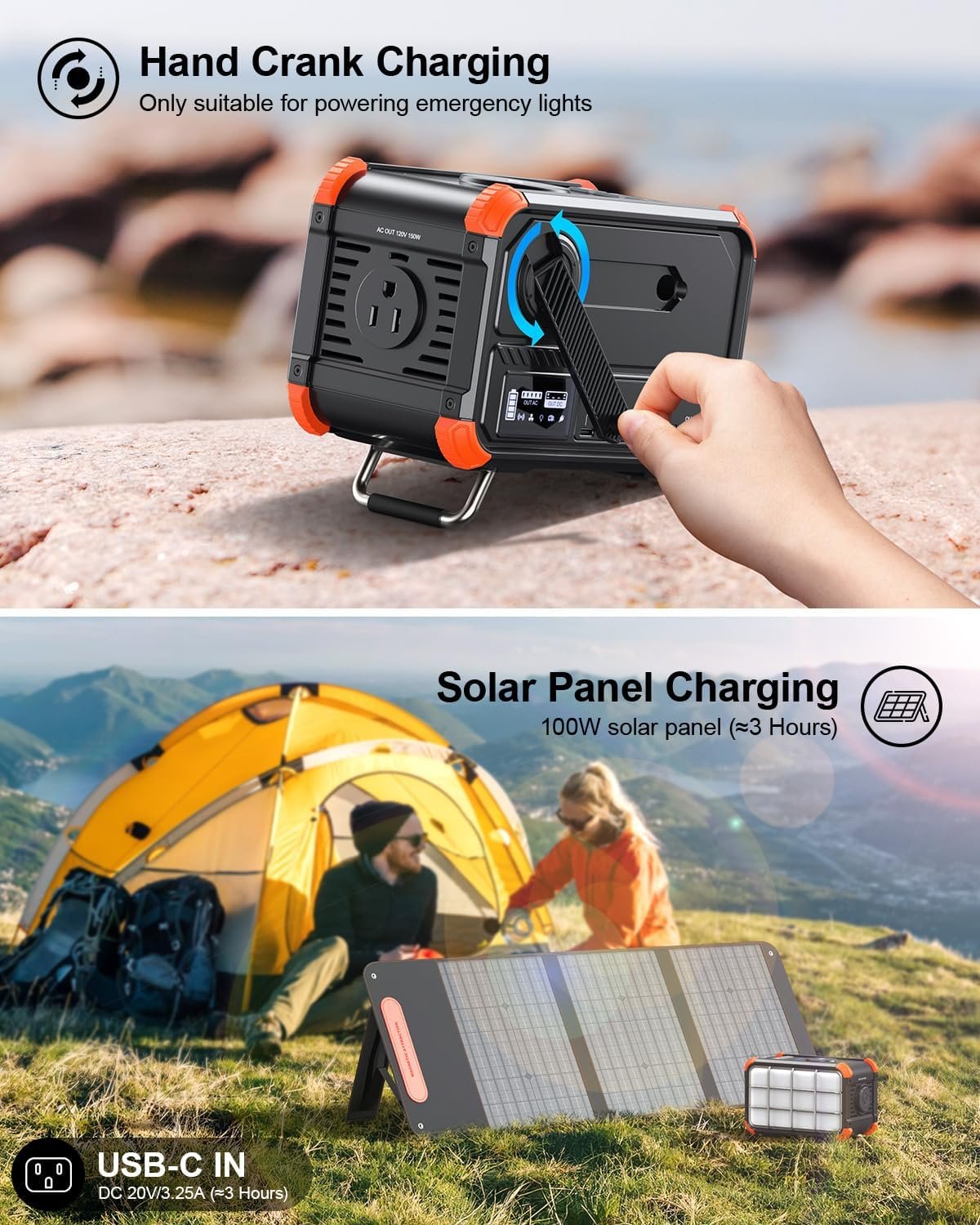 153Wh 手摇太阳能便携电源站 120V 150W AC输出 无线充电锂电池应急包，留学生宿舍停电瞬间手机笔记本续航视频连家