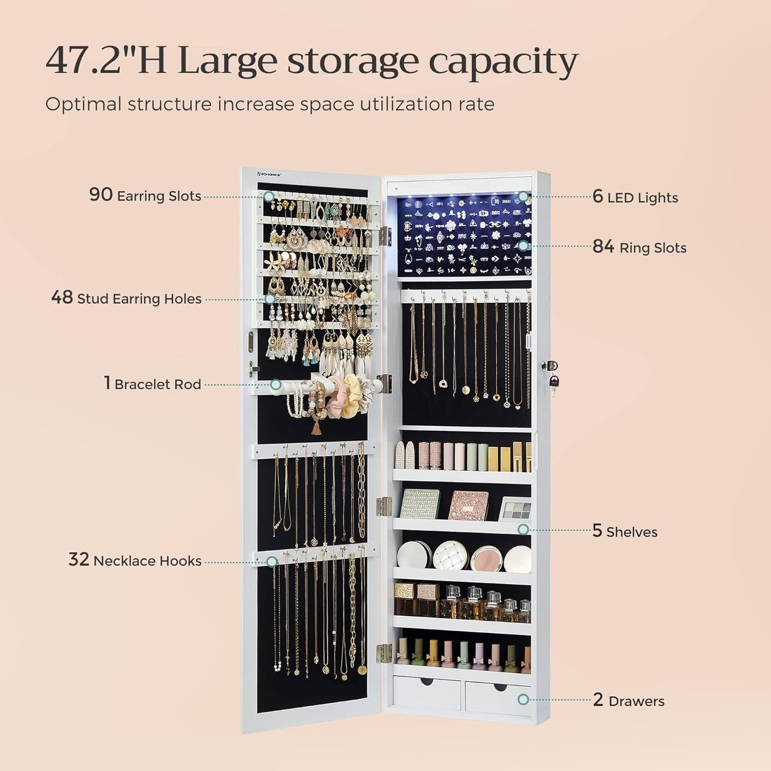 47.2英寸高壁挂门挂珠宝柜 带6LED镜子2抽屉锁 白留学生宿舍省空间安全收纳首饰化妆