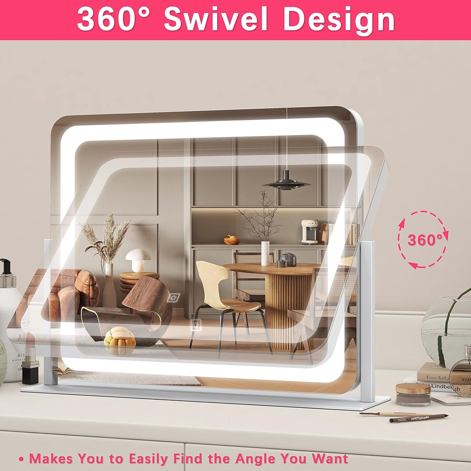 22x17英寸LED补光化妆镜 留学生宿舍晨妆神器 调光3色模式触控360°旋转桌面白色款