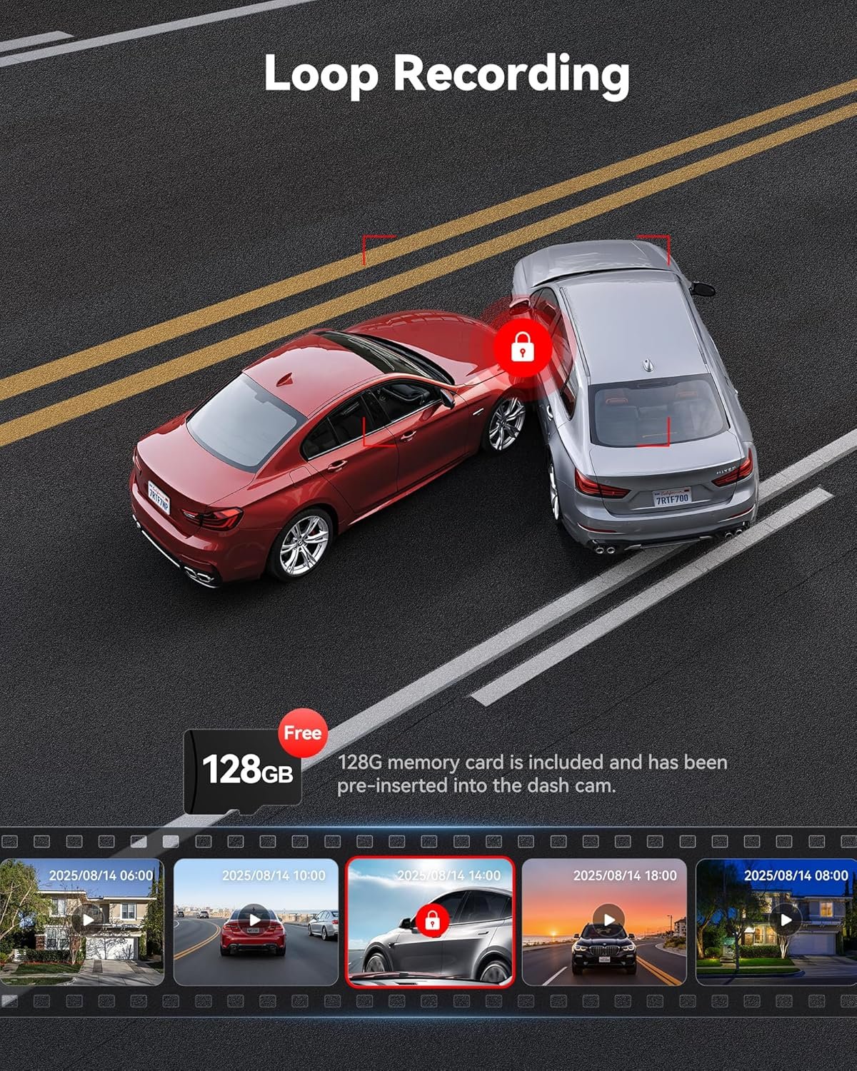 4K前后行车记录仪 留学生海外夜归校园安全守护，前后双摄GPS夜视170°广角24H停车监控免费卡