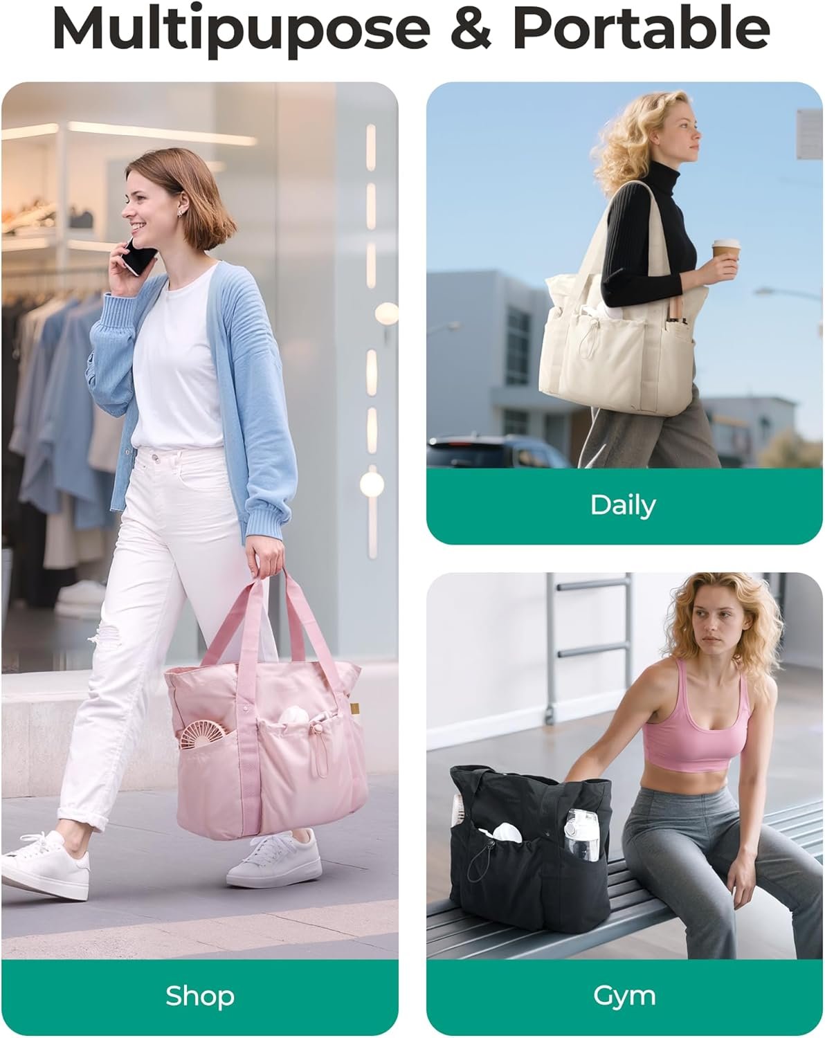 可折叠大容量托特包 内置抽绳分隔包 留学生海外周末海滩出游省宿舍空间肩背手提包