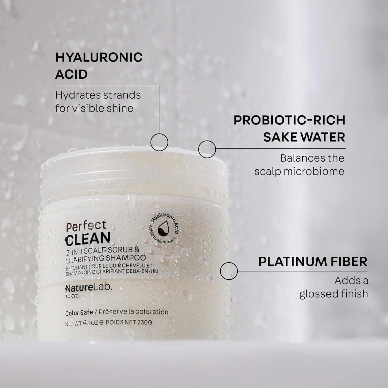 2合1头皮磨砂澄清洗发水 磨砂糖晶体 益生菌清酒水 透明质酸 留学生宿舍熬夜速洁闪亮保湿 8.1盎司