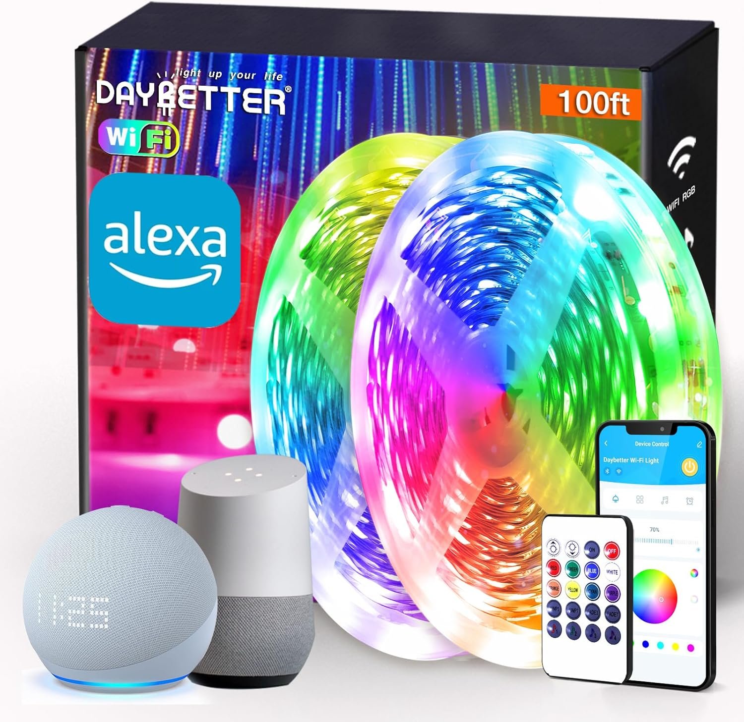 30米智能WiFi RGB LED灯带 - 宿舍音乐同步变色氛围灯 Alexa Google语音App遥控 海外小窝夜间放松装饰