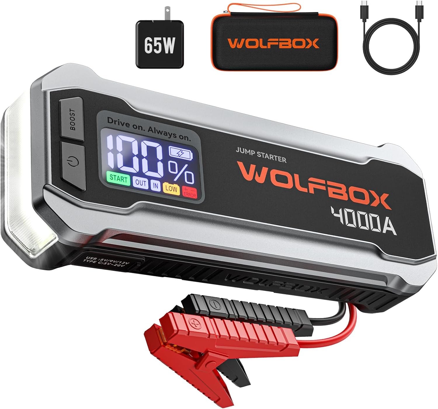 4000A 12V 汽车跳启动器 便携65W快充88.8Wh LED显示 支持10L油引擎 留学生海外自驾突遇电池没电 几秒应急救车带灯跳线 4000A 12V 汽车跳启动器 便携65W快充88.8Wh LED显示 支持10L油引擎 留学生海外自驾突遇电池没电 几秒应急救车带灯跳线