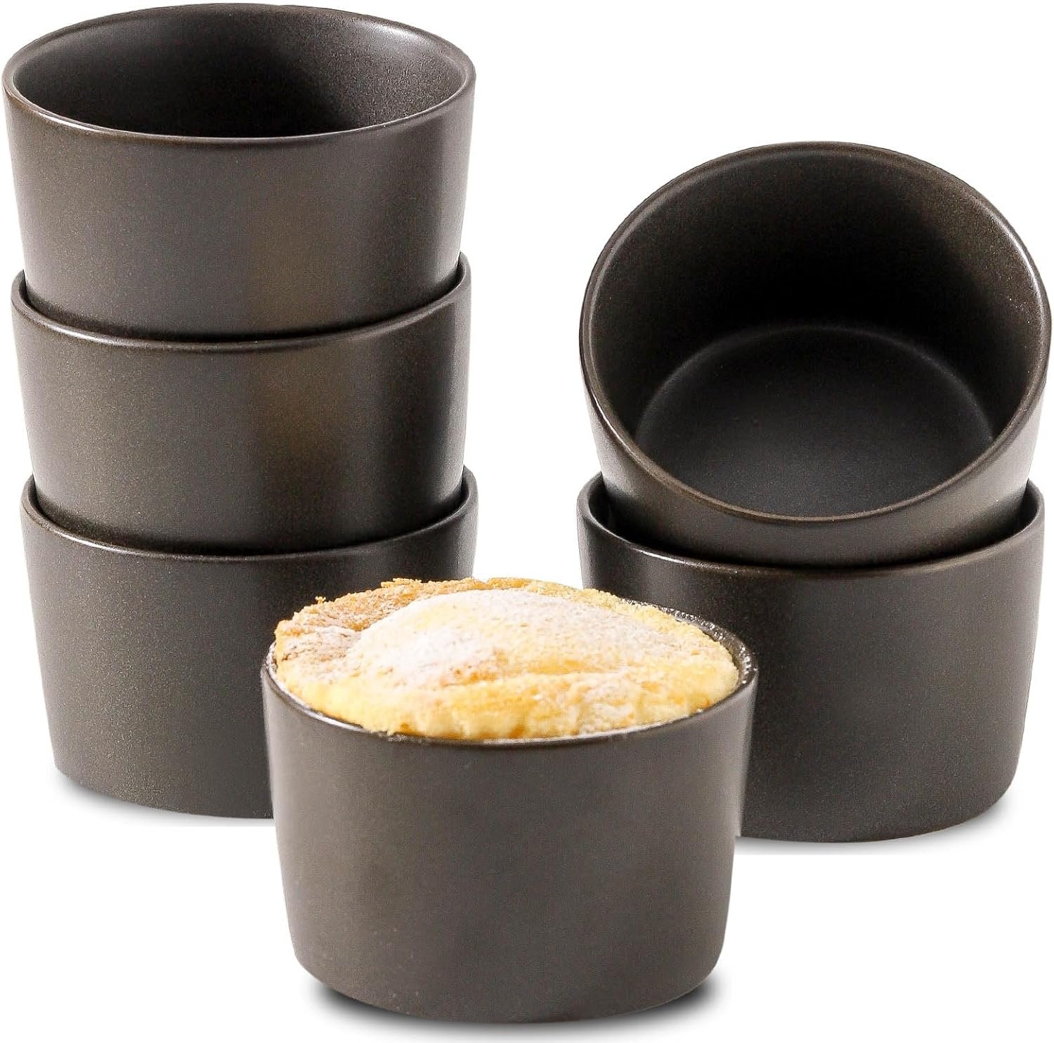 6盎司耐烤拉孟金 留学生小厨房自制克蕾姆布吕莱解乡愁 舒芙蕾布丁熔岩蛋糕石器烘焙碗6件套 哑光黑陶瓷酱碗