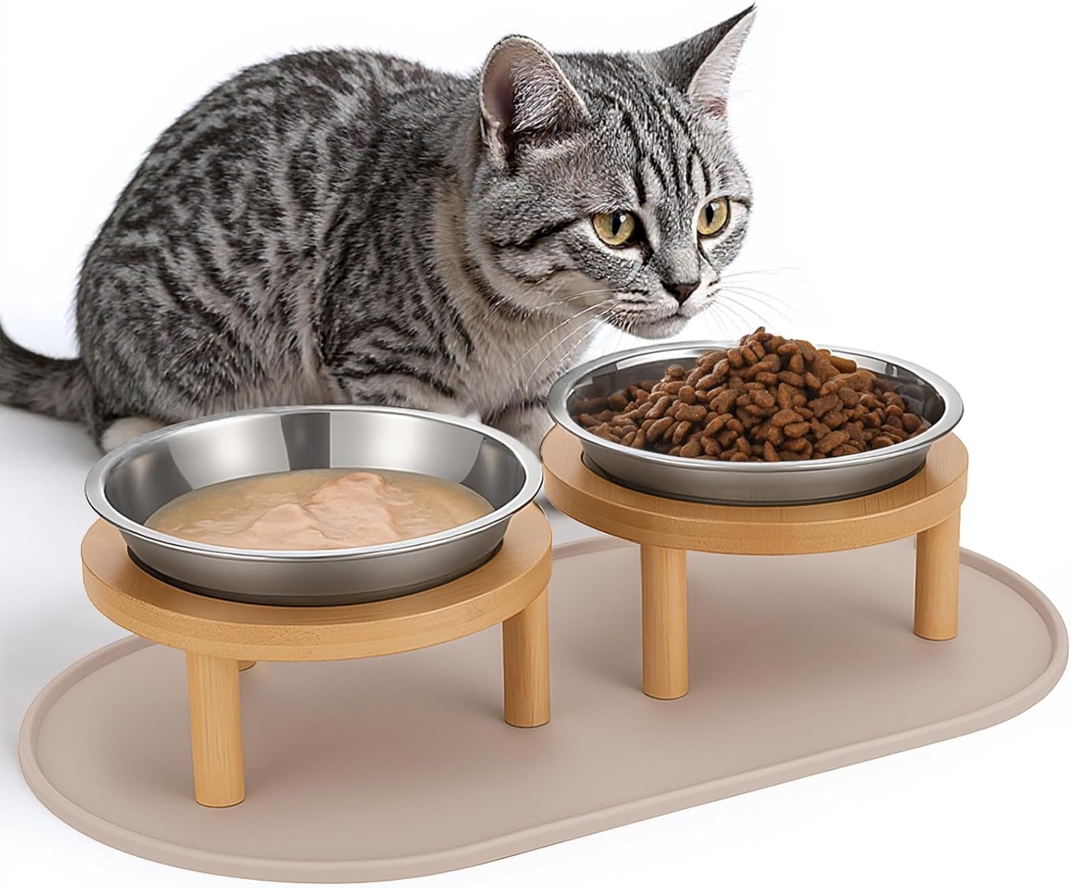 留学生公寓喂宠神器：抬高猫碗带防滑垫，6.3英寸浅口须友好不锈钢双食水碗易清洗