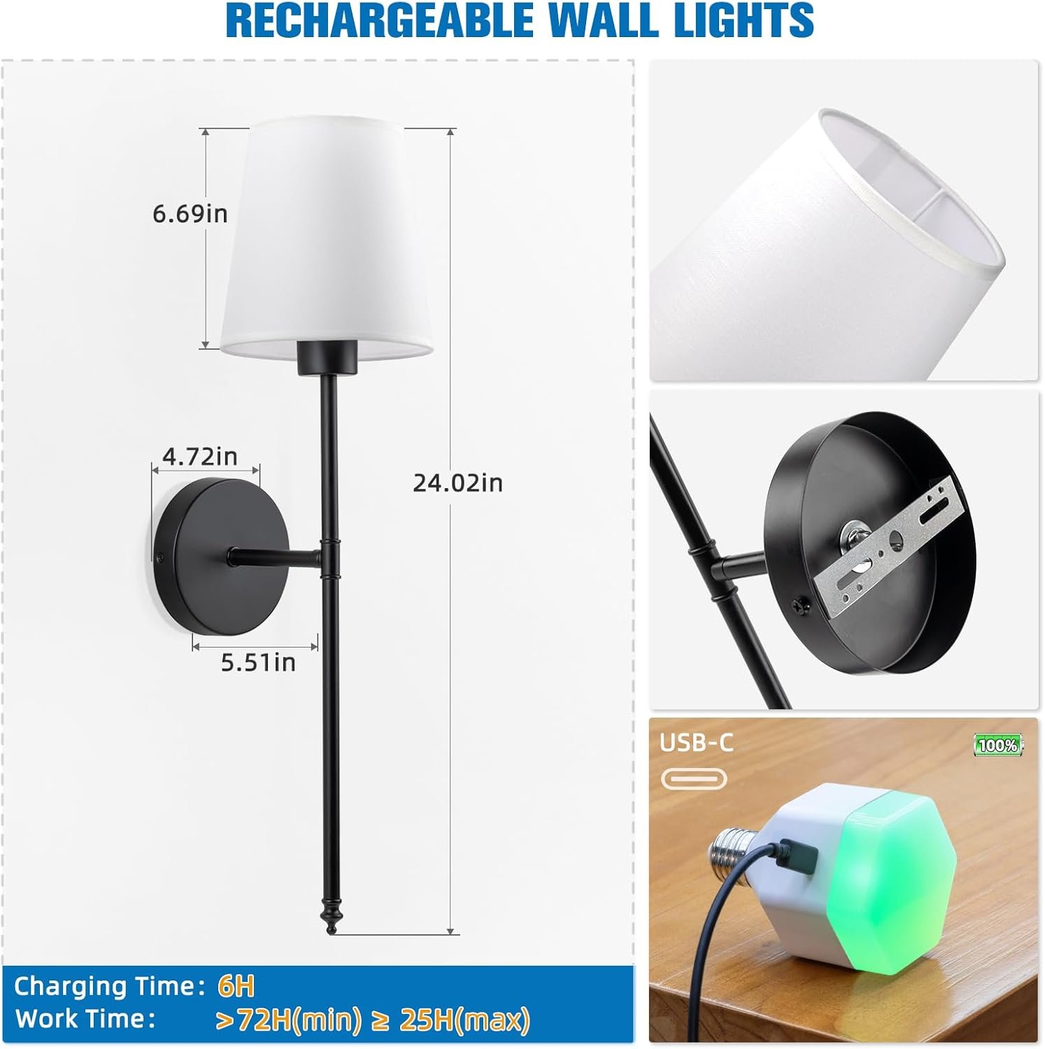 电池供电壁灯2件套 可充电遥控调光9色无线壁灯 留学生海外宿舍点亮温馨卧室归属感