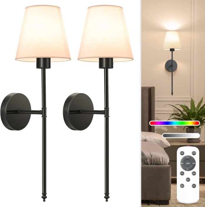 NIORSUN Battery Operated Wall Sconce Set of 2,Black Rechargeable Wall Lights with 5200mAh Dimmable Detachable Bulbs and Remote, 9 Colors Wireless Wall Lamps for Bedroom Living Room Hallway Decor